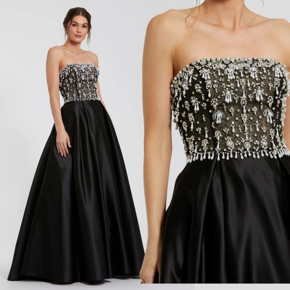 Mac Duggal Womens 2225 Size 12 Jeweled Strapless Black Satin Ballgown Gown Dress